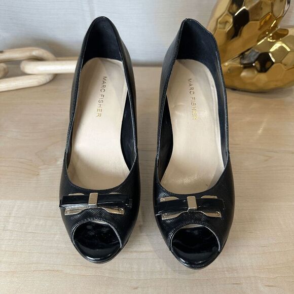 MARC FISHER Marsha Peep Toe‎ Bow Black Pumps - Picture 1 of 8